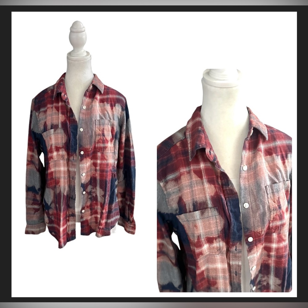 Upcycled‎ Bleached DIY Custom Flannel Shirt Womens Medium (MF101)